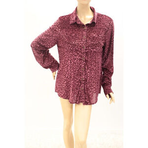 Umgee Velvet Burnout Top 2XL Button up Leopard Print Long Sleeve Wine Mob Wife